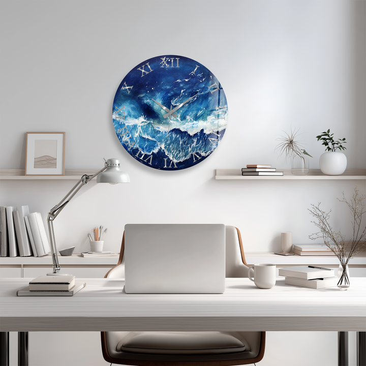 Abstract Blue Ocean Glass Wall Clock – Coastal Wave Art