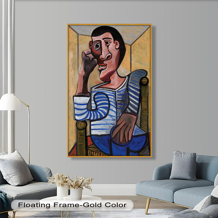 Melancholy in Stripes – Seated Man with Blue Shirt Picasso Oil Painting