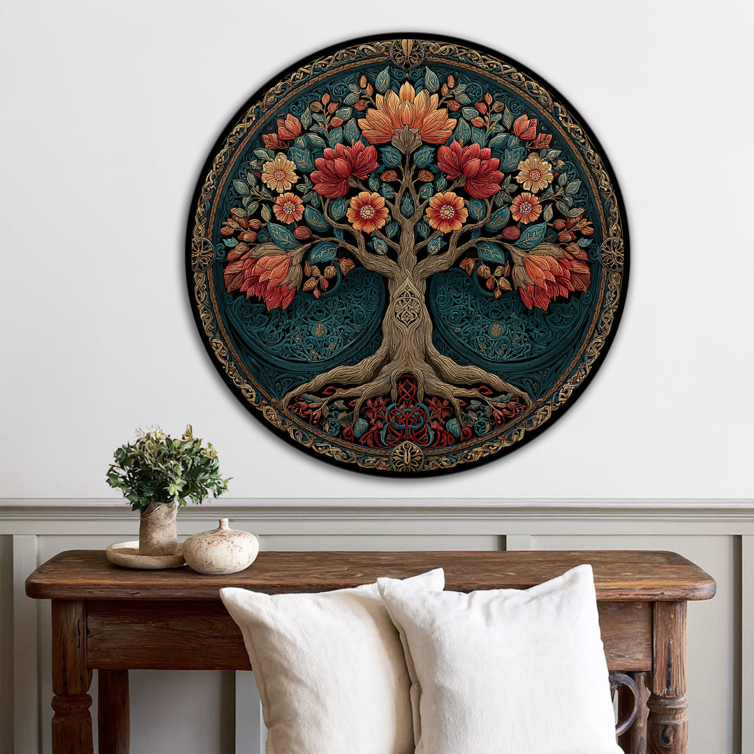 Árbol de flores adornado – Redondo de madera Cuadro al óleo Arte de pared