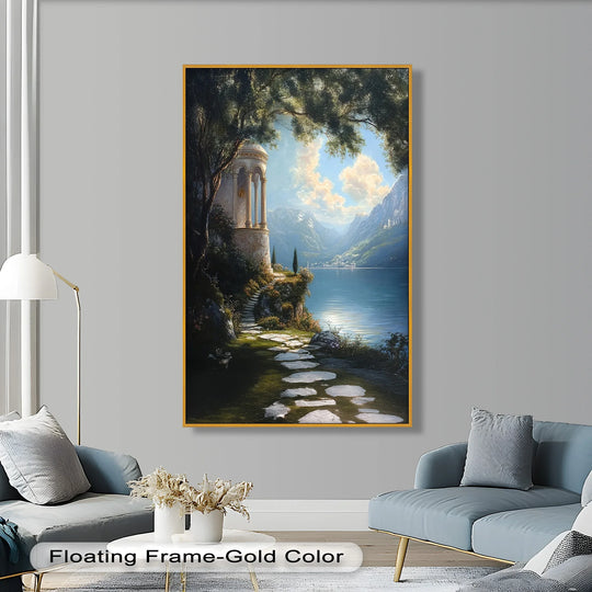 Highlighting the loudest element, this sunlit temple by the lake is an oil painting decoration that exudes Renaissance charm with its idyllic landscape and classical allure.