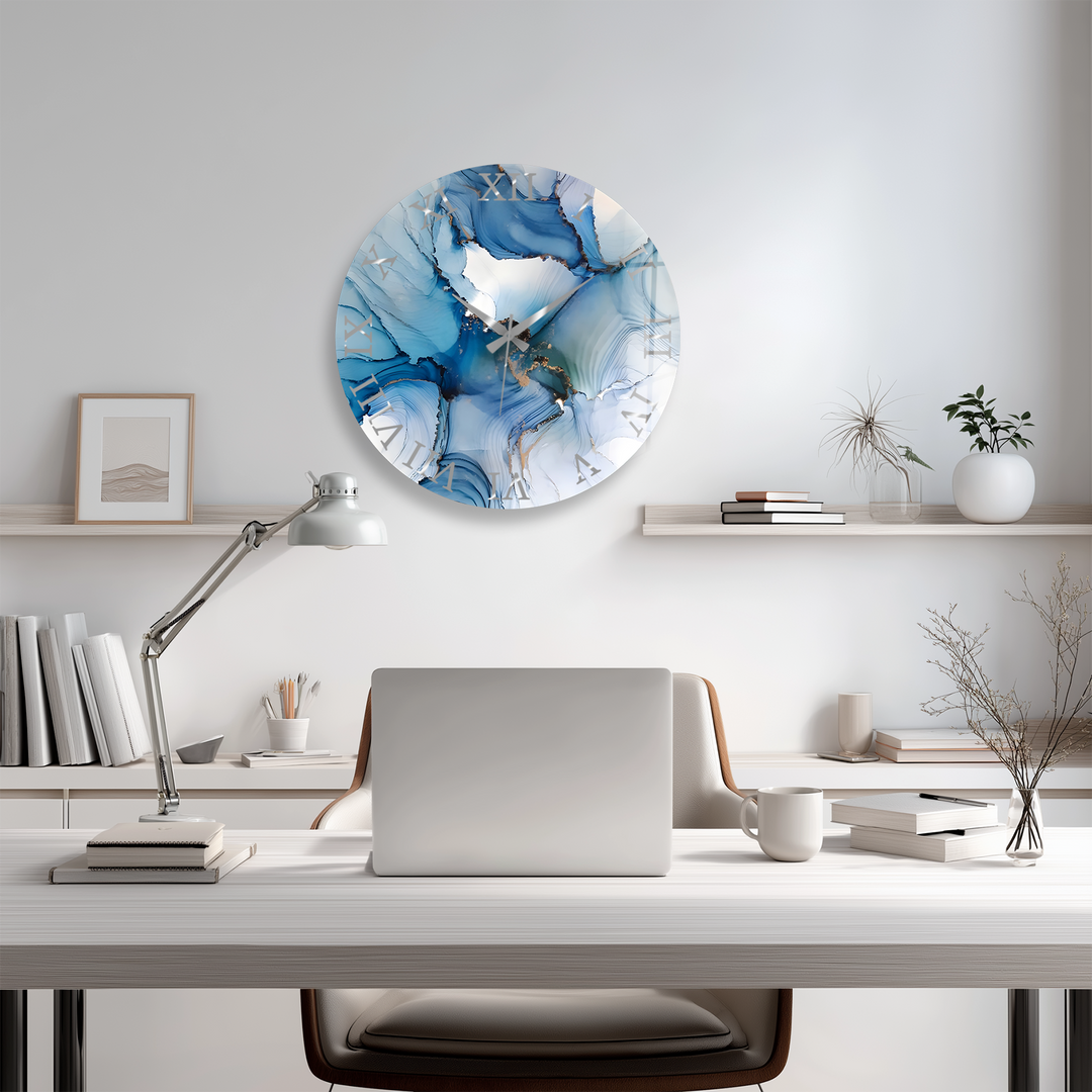 Blaue Marmorglas-Wanduhr – Abstraktes fließendes Kunstdekor