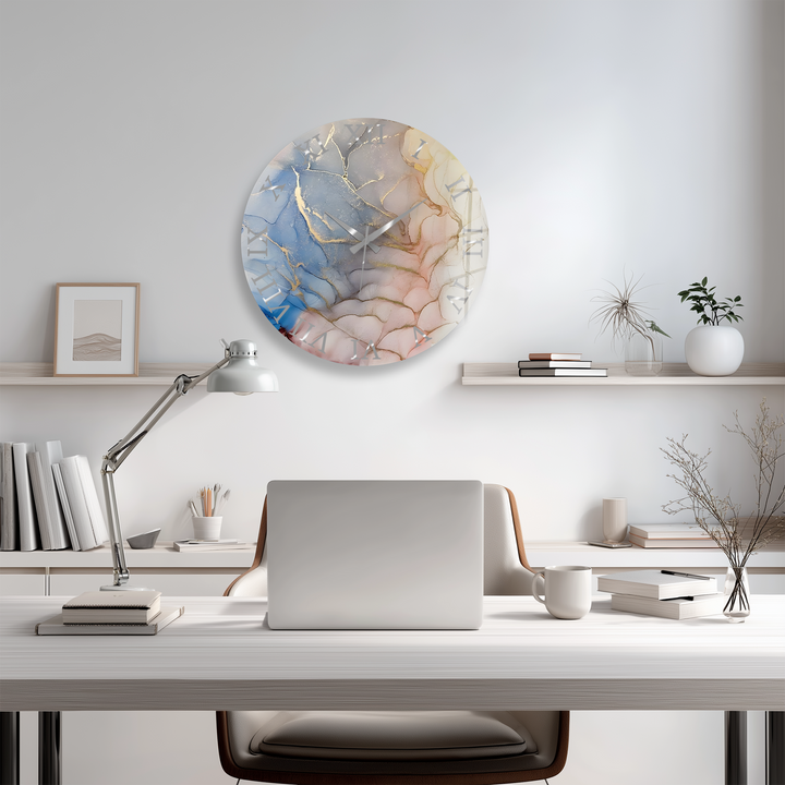 Pastellrosa und blaue Marmorglas-Wanduhr