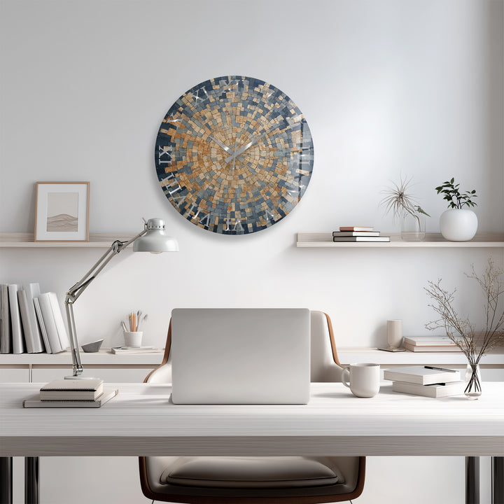 Blue Mosaic Glass Wall Clock – Beige Geometric Circle Art Decor