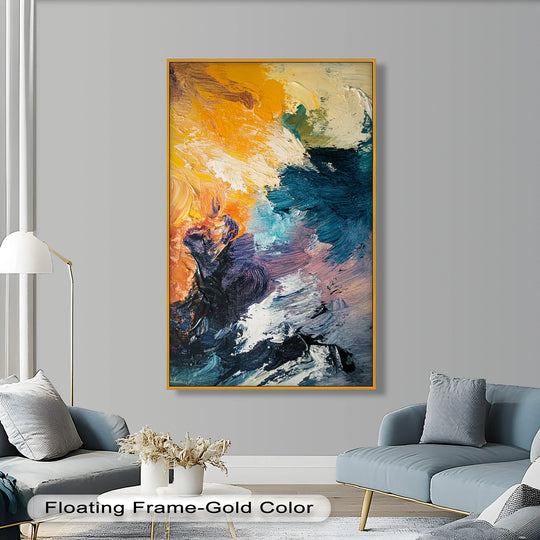The layering effect highlights the brushstrokes and intense colors in this abstract oil painting wall art, creating texture in its tempestuous composition.