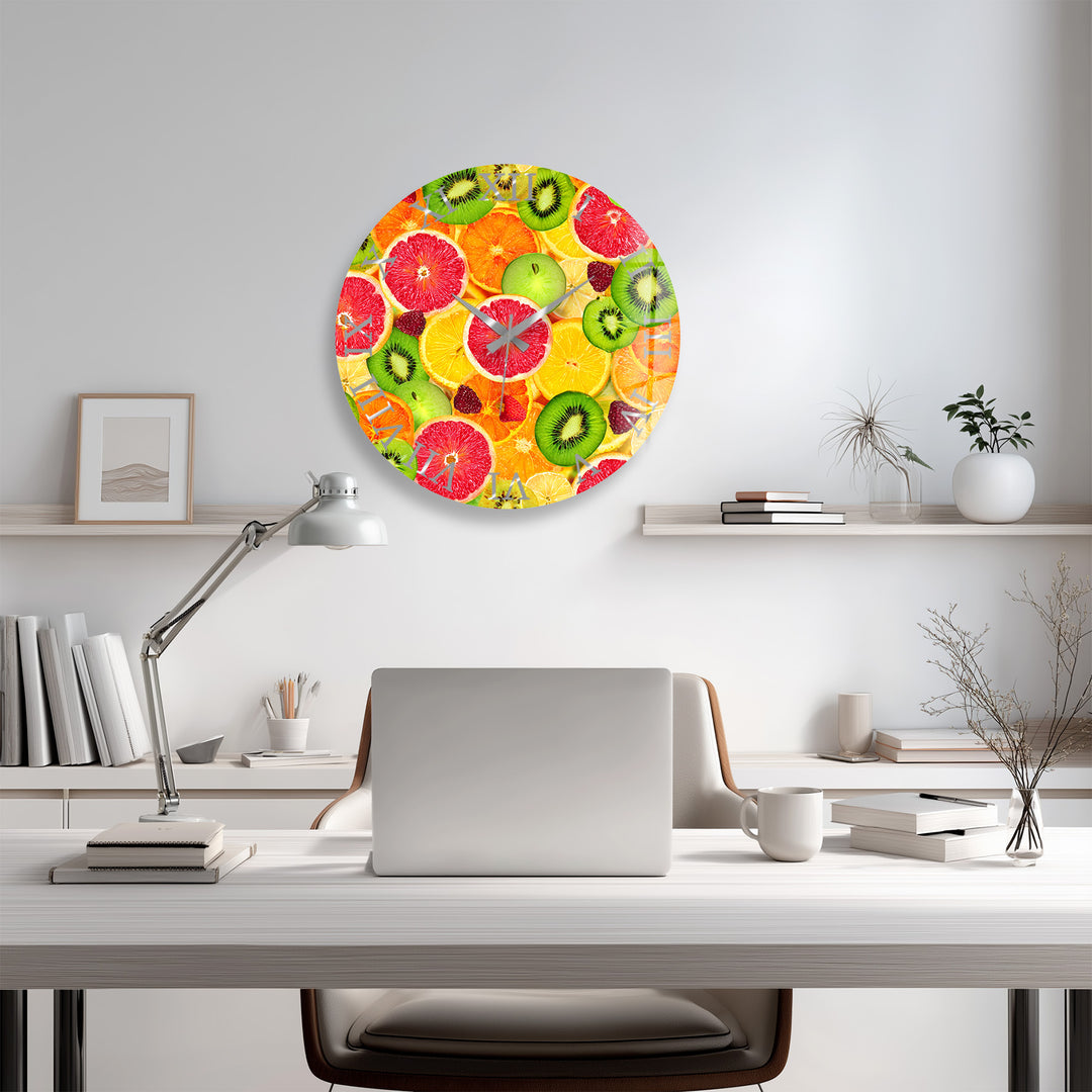 Colorful Fruit Glass Wall Clock – Citrus Kitchen Wall Decor