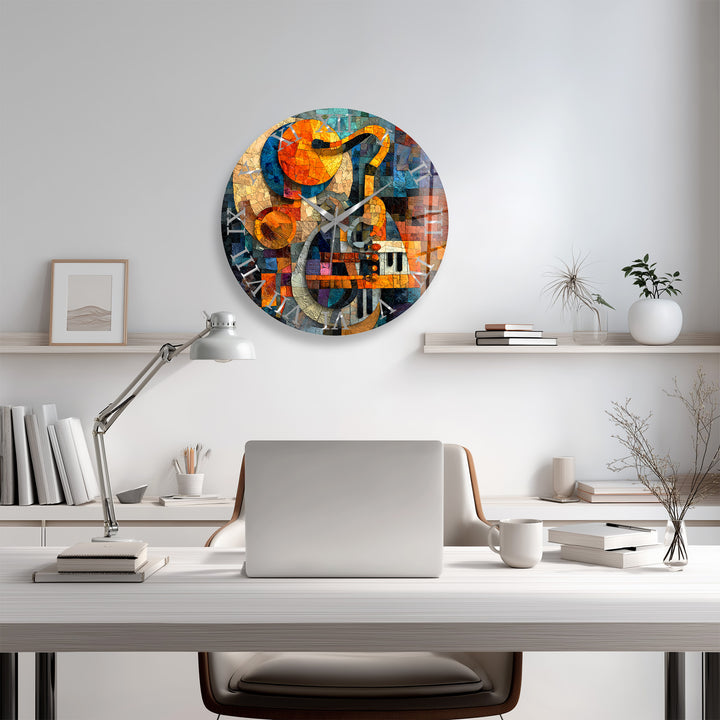 Music Glass Wall Clock – Treble Clef and Piano Mosaic Decor