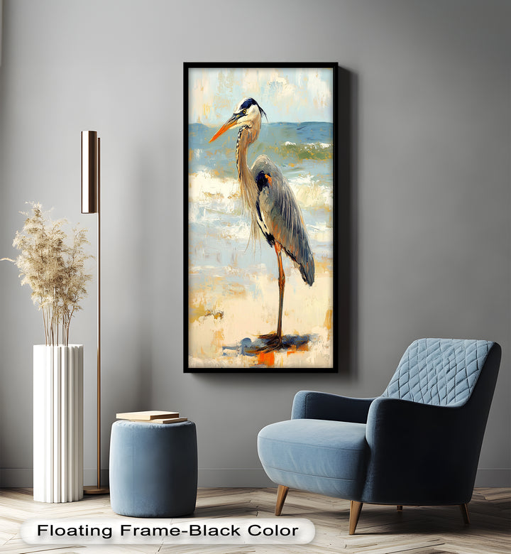 Coastal Heron with Ocean Breeze - Modern Oil Painting