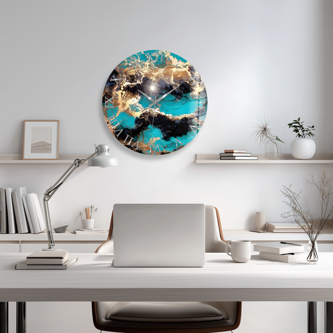 Turquoise and Gold Glass Wall Clock – Abstract Marble Decor