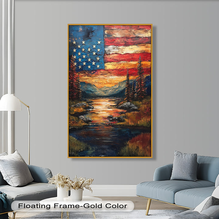 Amerikanische Flagge Sonnenuntergang Landschaft - Patriotisches Ölgemälde