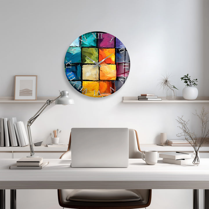 Colorful Abstract Glass Wall Clock – Textured Geometric Painting