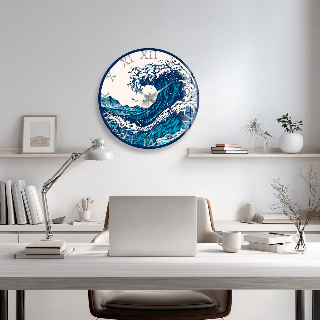 Japanese Wave Glass Wall Clock – Blue Ocean Coastal Decor