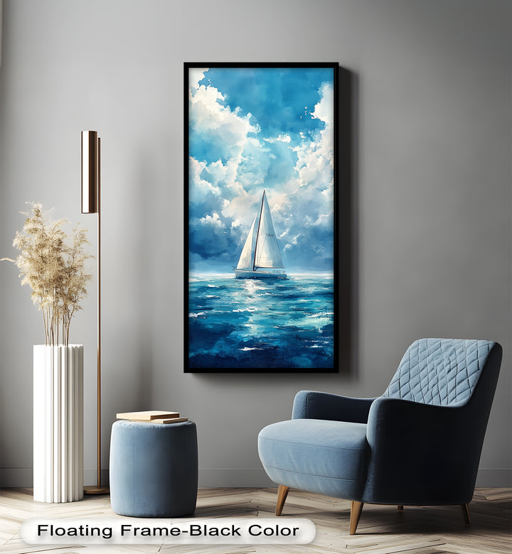 White Sailboat Blue Skies - Modern Oil Painting