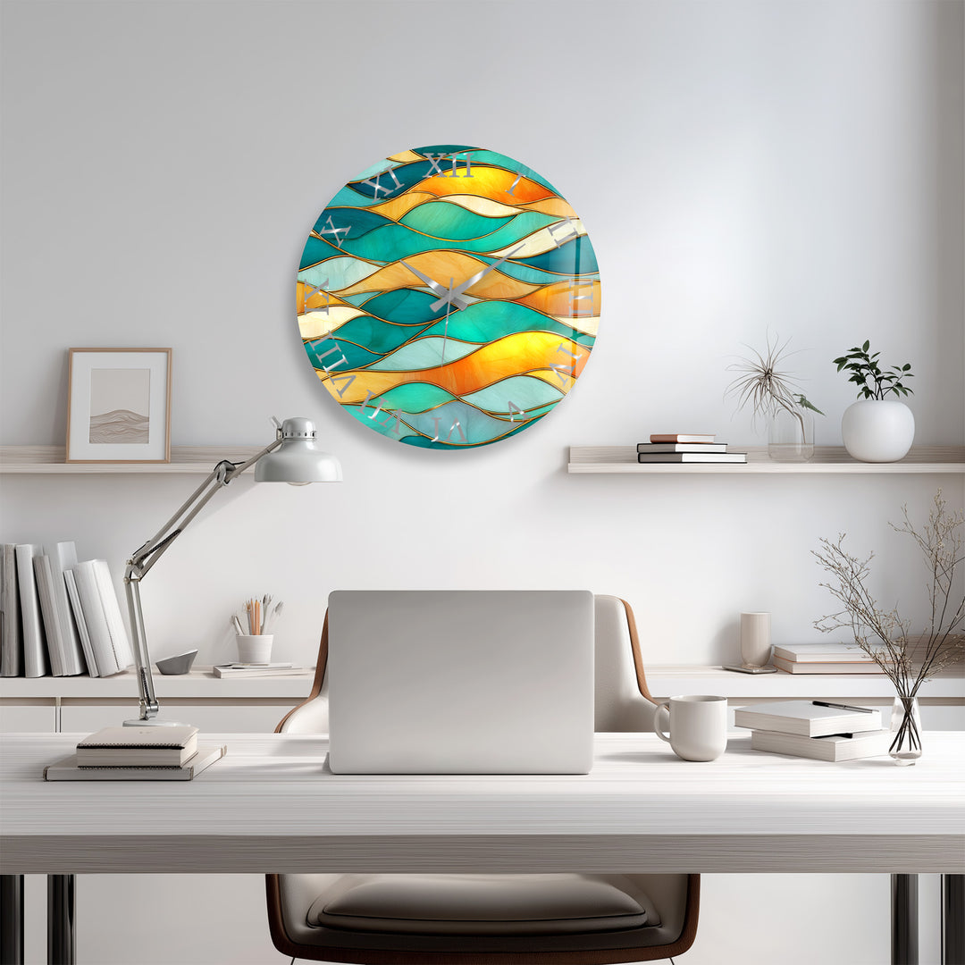 Turquoise Wave Glass Wall Clock – Abstract Stained Glass Decor