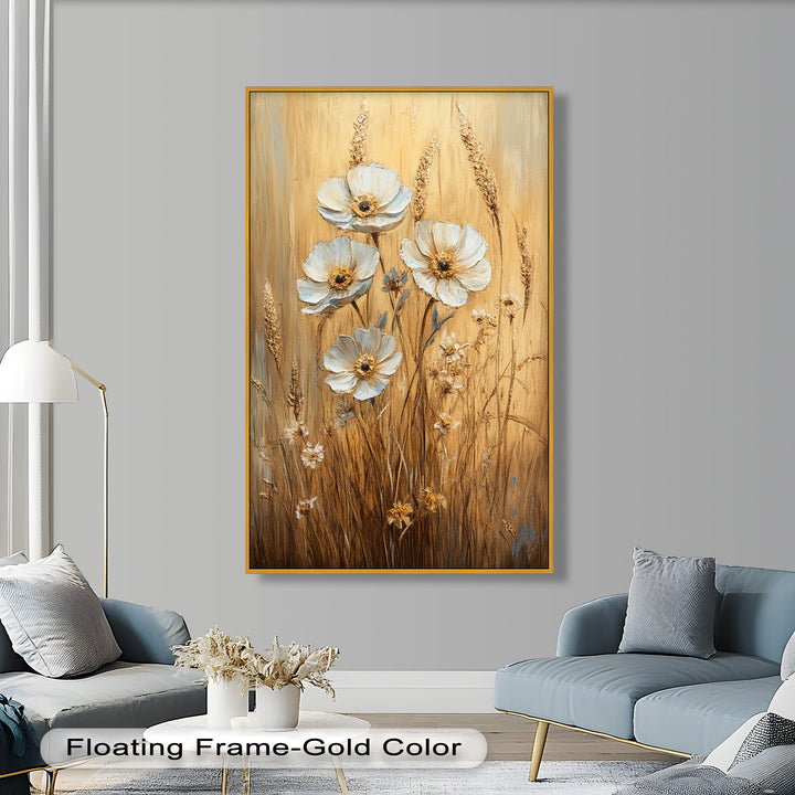 White Wildflowers in Wheat Field - Oil Painting