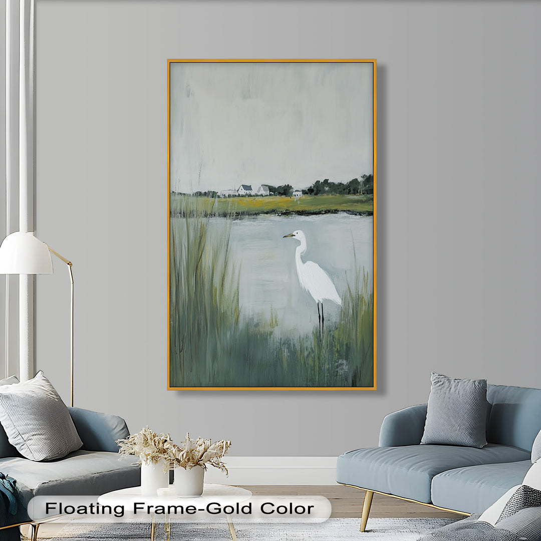 Egret by the Marsh – Minimalist Landscape Oil Painting