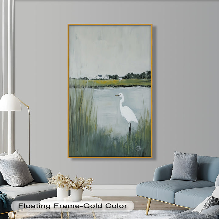 Egret by the Marsh – Minimalist Landscape Oil Painting