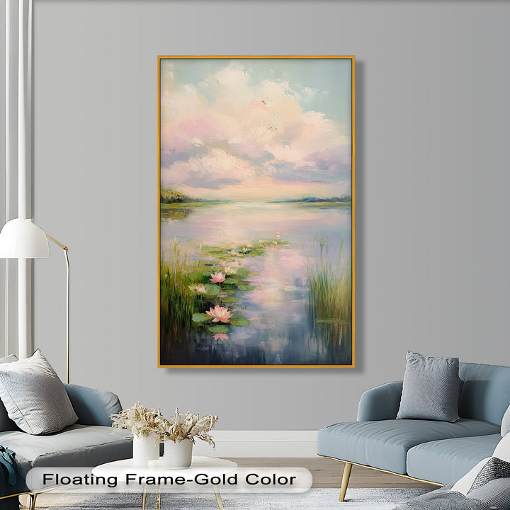 Lotus Tranquility – Seerosen auf pastellfarbenem Seeblumen-Ölgemälde