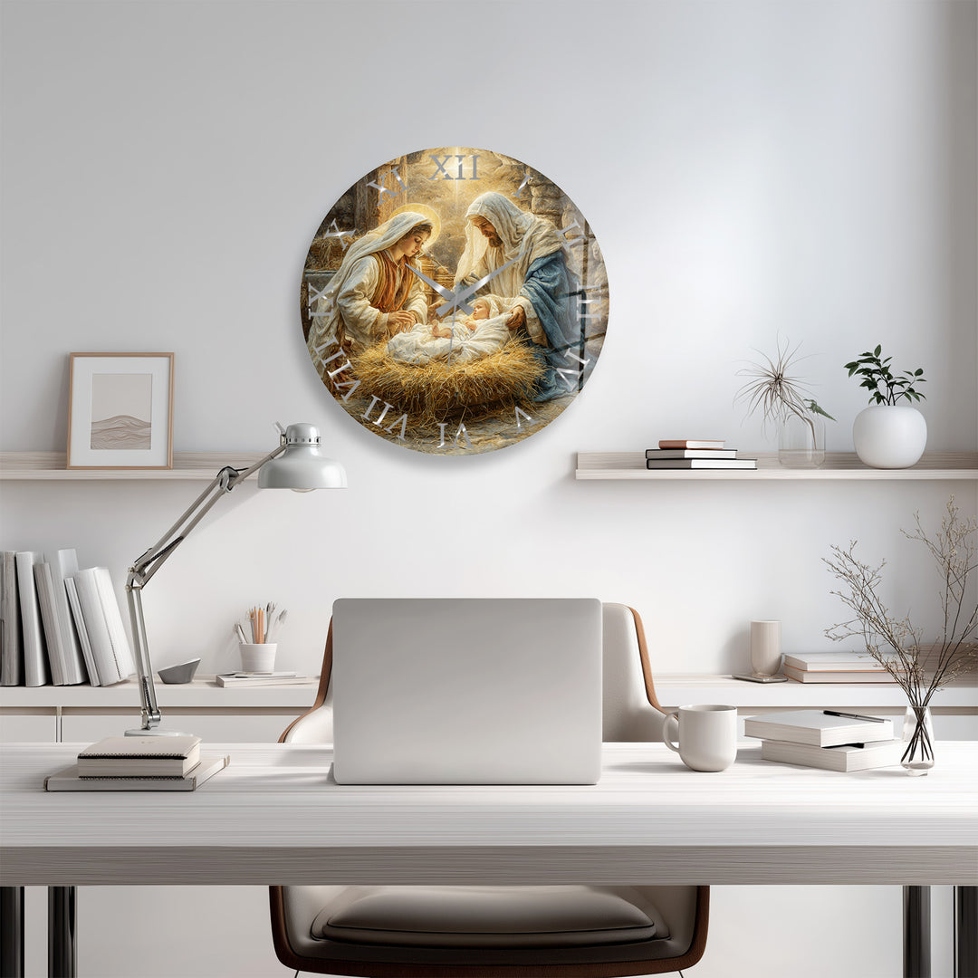 Nativity Scene Glass Wall Clock – Holy Family Christmas Decor
