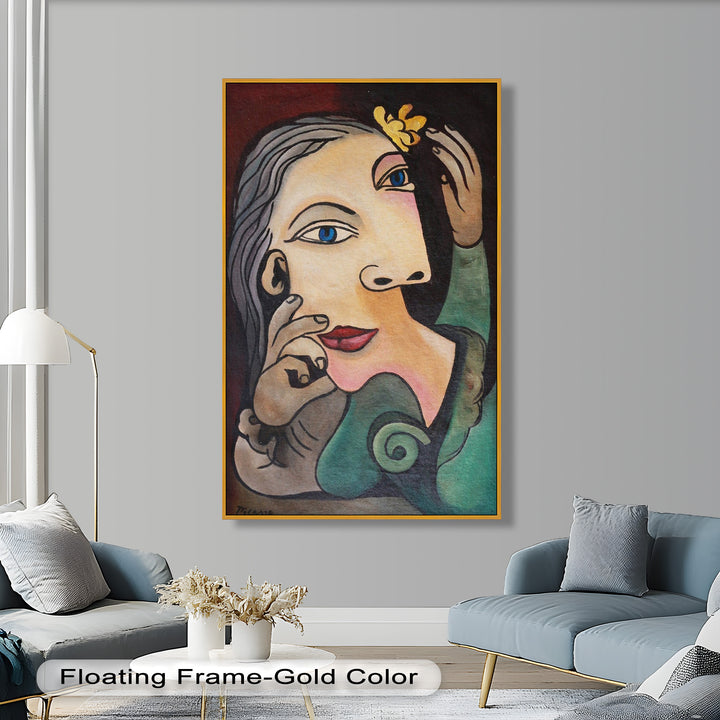 Whimsical Bloom – Surreale Frau mit gelber Blume Picasso Ölgemälde