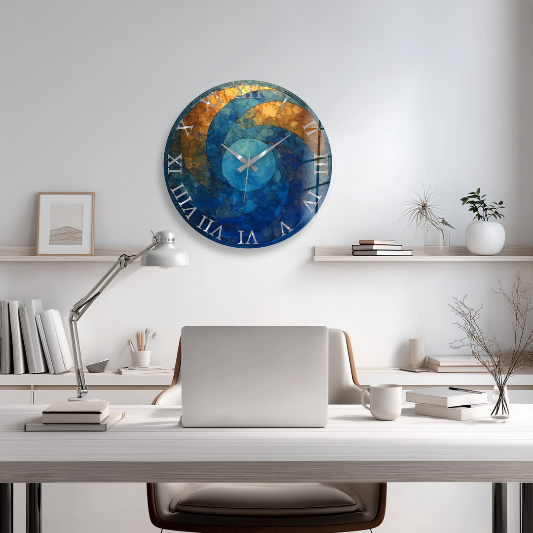 Blaue und goldene Glaswanduhr – abstraktes Kreisdekor
