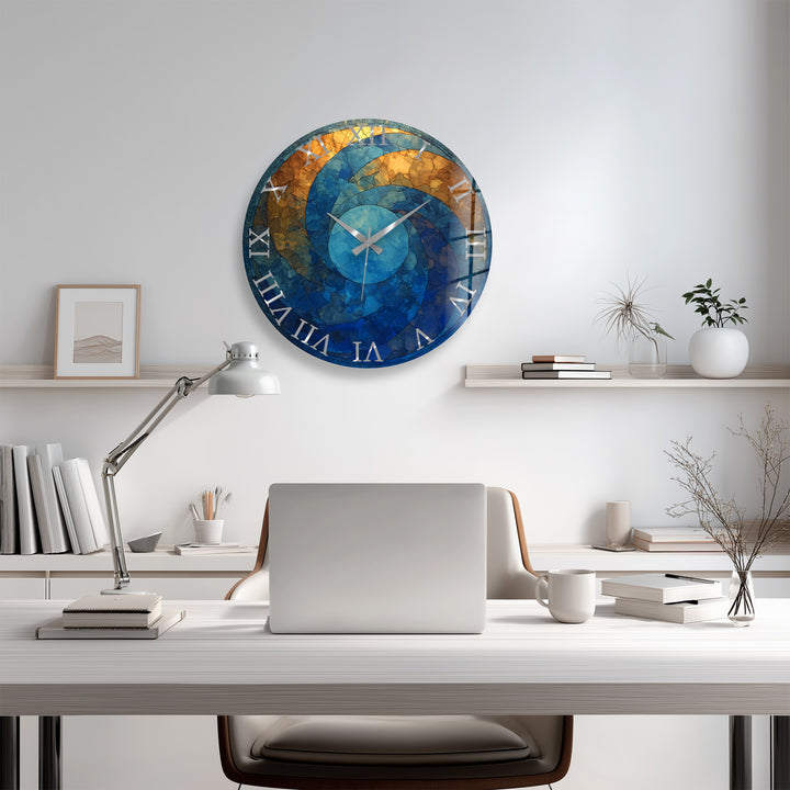 Blaue und goldene Glaswanduhr – abstraktes Kreisdekor