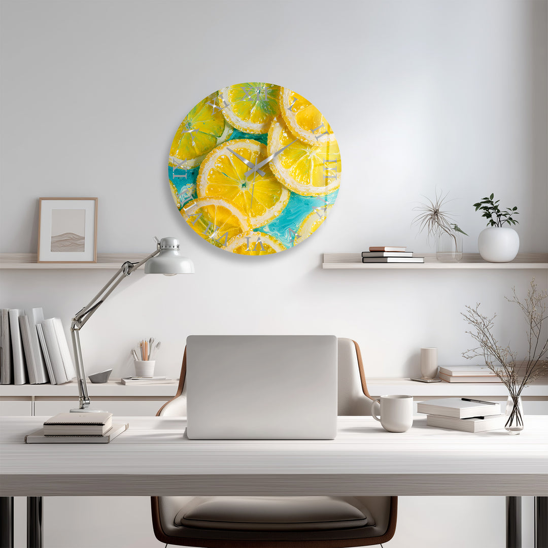 Yellow Lemon Glass Wall Clock – Bright Citrus Kitchen Decor