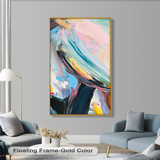 Transitional hues of pastel pink, teal, and yellow blend seamlessly in this abstract oil painting wall art, creating a dynamic color flow throughout the composition.