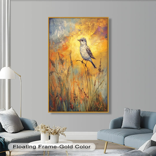 Layering brushstrokes create depth in this twilight songbird oil painting, enhancing the expressive bird image with a dreamy, artistic touch for distinctive oil painting home decor.