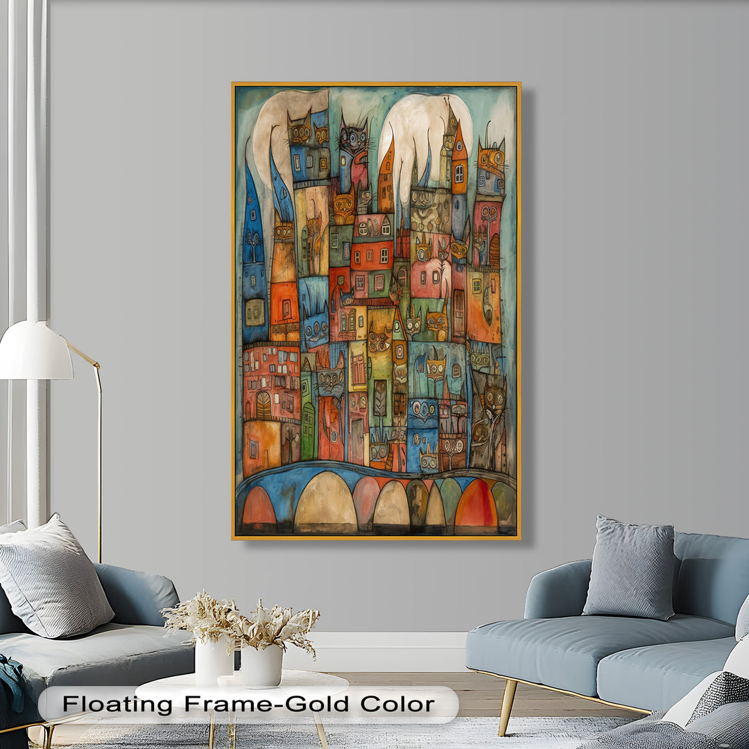 Whimsical Cat Cityscape – Surreal Architecture and Feline Picasso Oil Painting