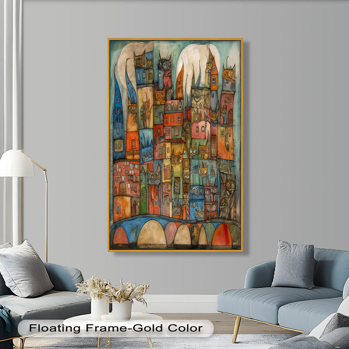 Whimsical Cat Cityscape – Surreal Architecture and Feline Picasso Oil Painting
