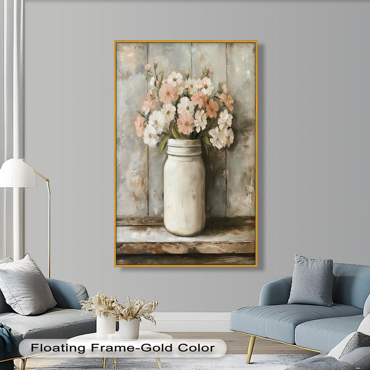 Blush & Cream Blooms – Rustic Mason Jar Flower Oil Painting