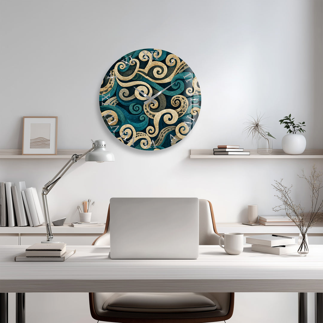 Teal Spiral Glass Wall Clock – Blue and Beige Abstract Swirl Art