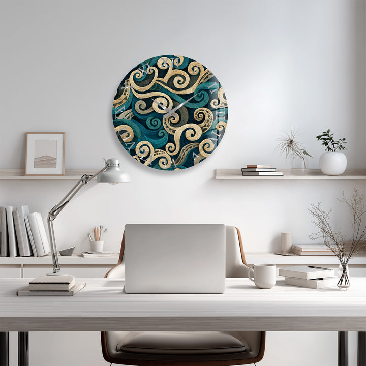 Teal Spiral Glass Wall Clock – Blue and Beige Abstract Swirl Art
