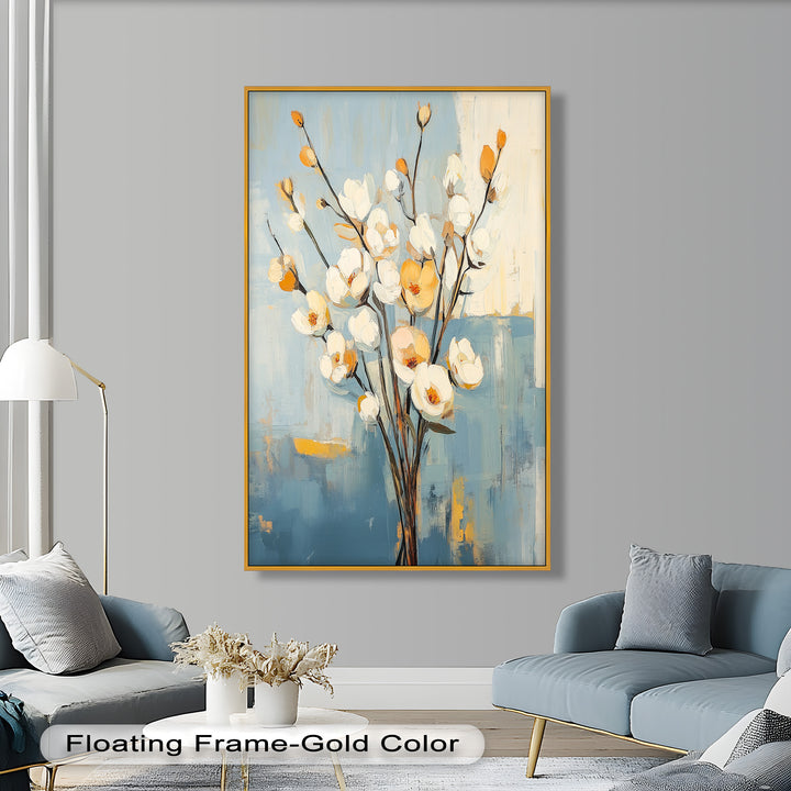 Golden Magnolia – White and Amber Blossoms Flower Oil Painting
