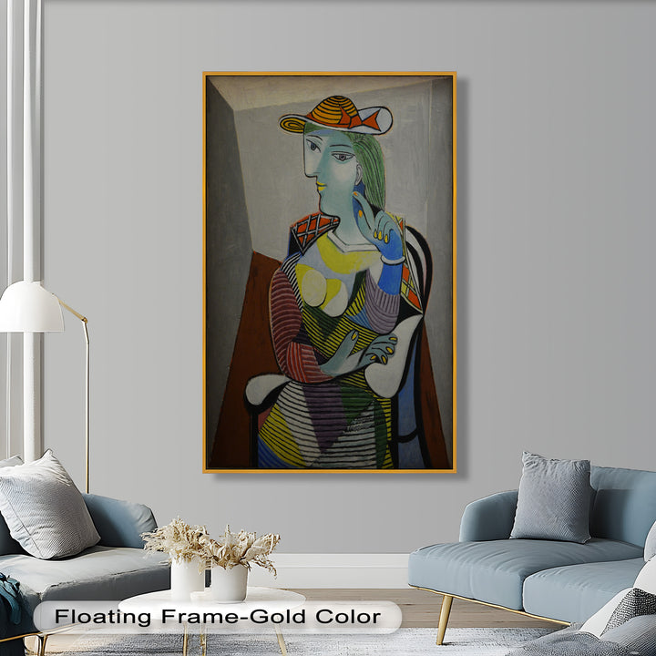 Striped Serenity – Colorful Woman in Hat Picasso Oil Painting