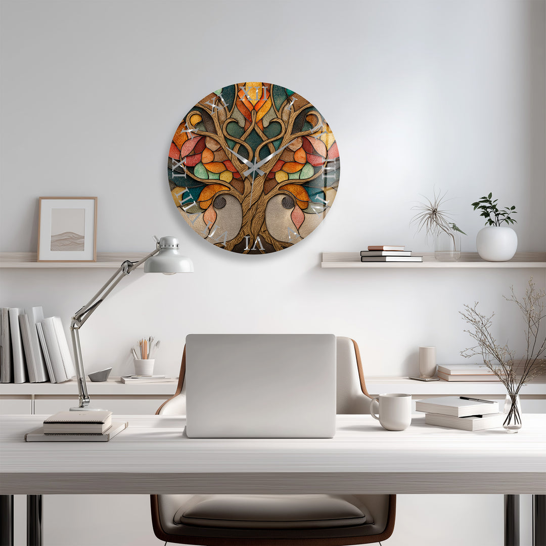 Autumn Tree of Life Glass Wall Clock – Stained Glass Style Decor