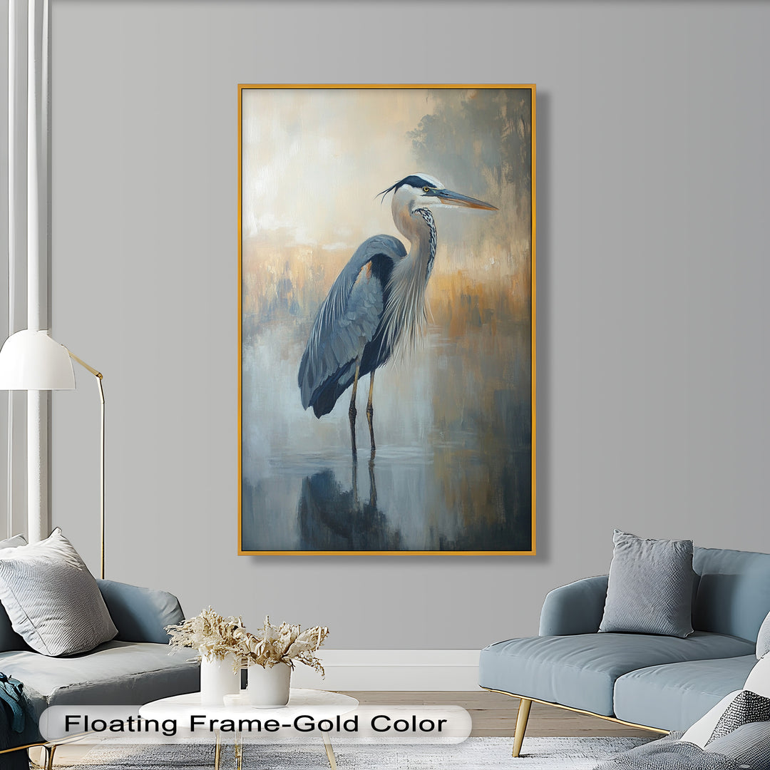 Heron in Misty Marshland - Framed Oil Painting