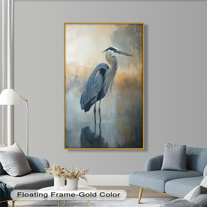 Heron in Misty Marshland - Framed Oil Painting