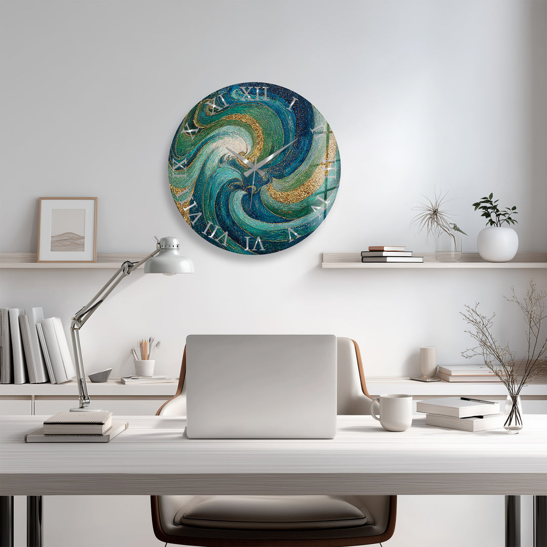Türkisfarbene Mosaik-Glas-Wanduhr – abstraktes Wirbeldekor