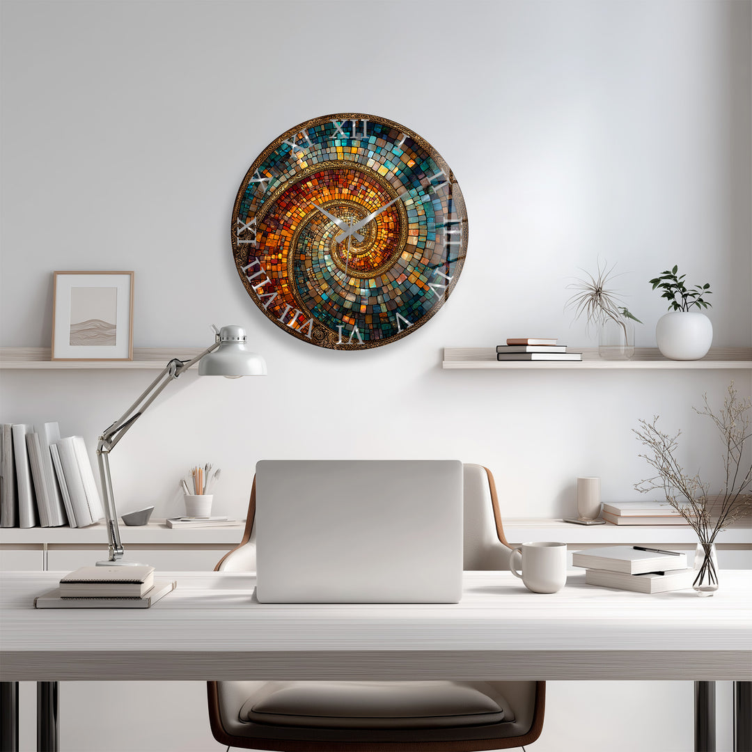 Spiralmosaik-Glaswanduhr – abstrakte Kunst in Blaugrün und Kupfer