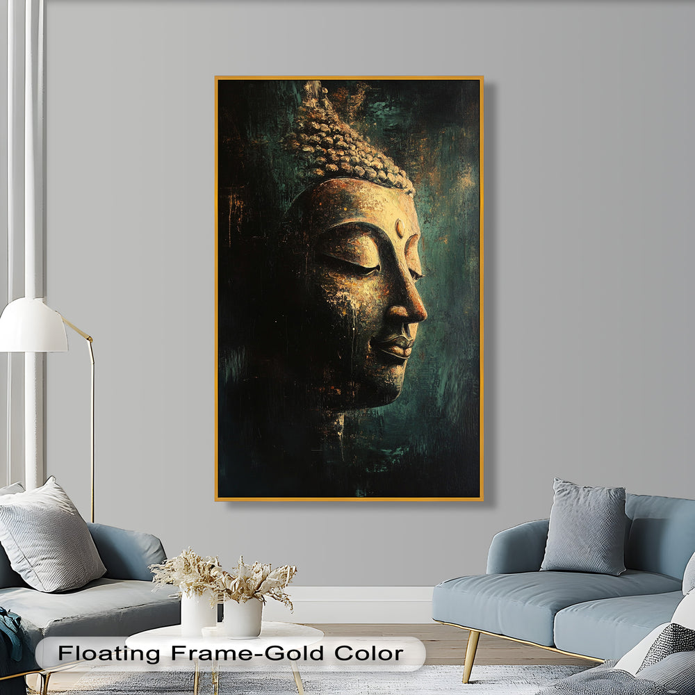 A close-up artistic depiction of Buddha’s calm face in profile, with warm golden highlights and a rich, moody backdrop.