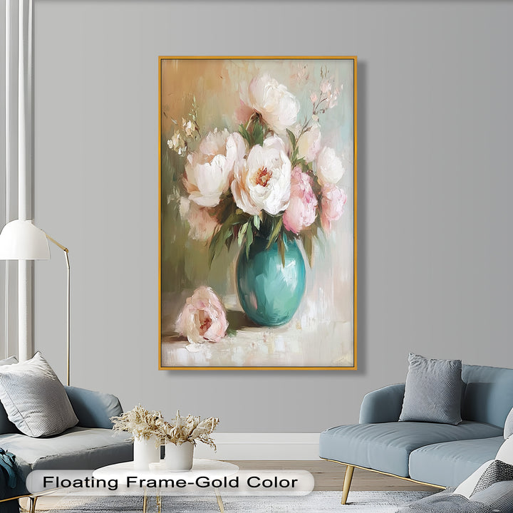 Blushing Peonies in Jade Vase – Romantic Flower Oil Painting