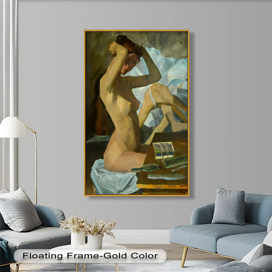 Subtle color contrast highlights the earth tones in this oil painting artwork depicting a nude figure, bringing depth to the muted reverie scene.