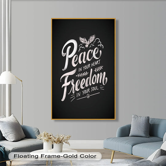 Layers of inspirational depth highlight this framed peace and freedom oil painting decoration, showcasing a dove above calligraphic lettering.