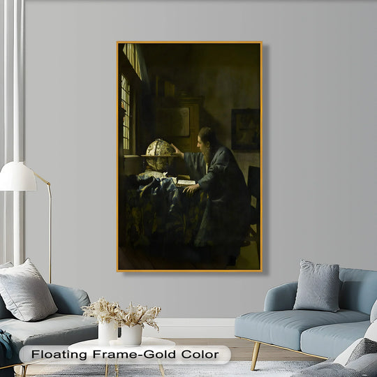 Subtle light and shadow define the reflective globe and pensive astronomer in this historic oil painting wall art, illuminating the quiet contemplation of enlightenment-era scholarship.