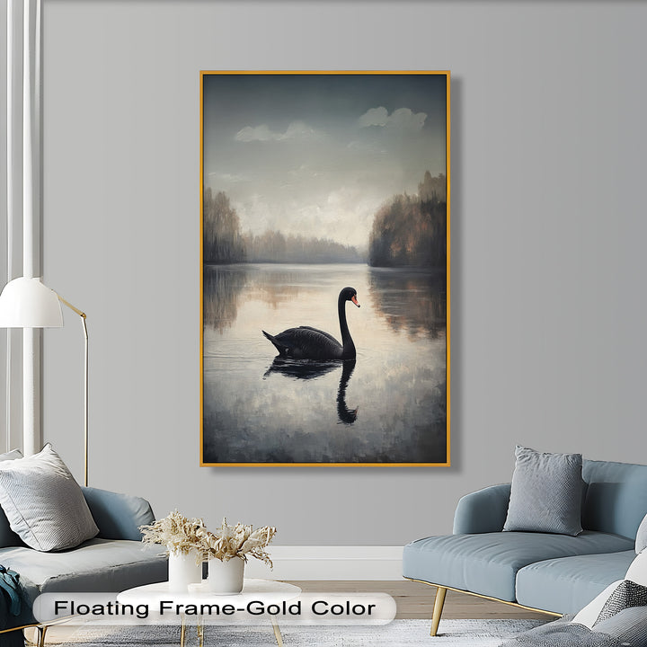 Black Swan at Dusk – Lake Scene Oil Painting