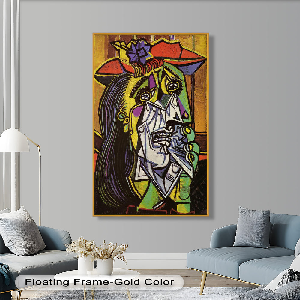 An intense abstract painting capturing a tearful figure with distorted lines and sharp contrasts, evoking emotional turmoil.

