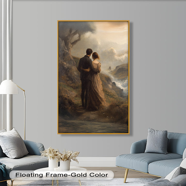 Embrace on the Cliffside – Oil Painting of Lovers in Nature