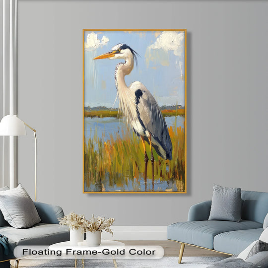 Layering effect evident in this oil painting reproduction print, depicting a heron amidst sunlit wetlands with multiple layers of marsh and sky adding depth.