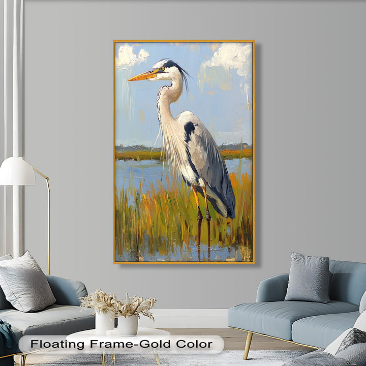 Heron in Sunlit Wetlands – Modern Oil Painting